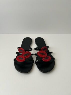 Giuseppe Zanotti Black Slide Sandals with Red Lip Appliqués